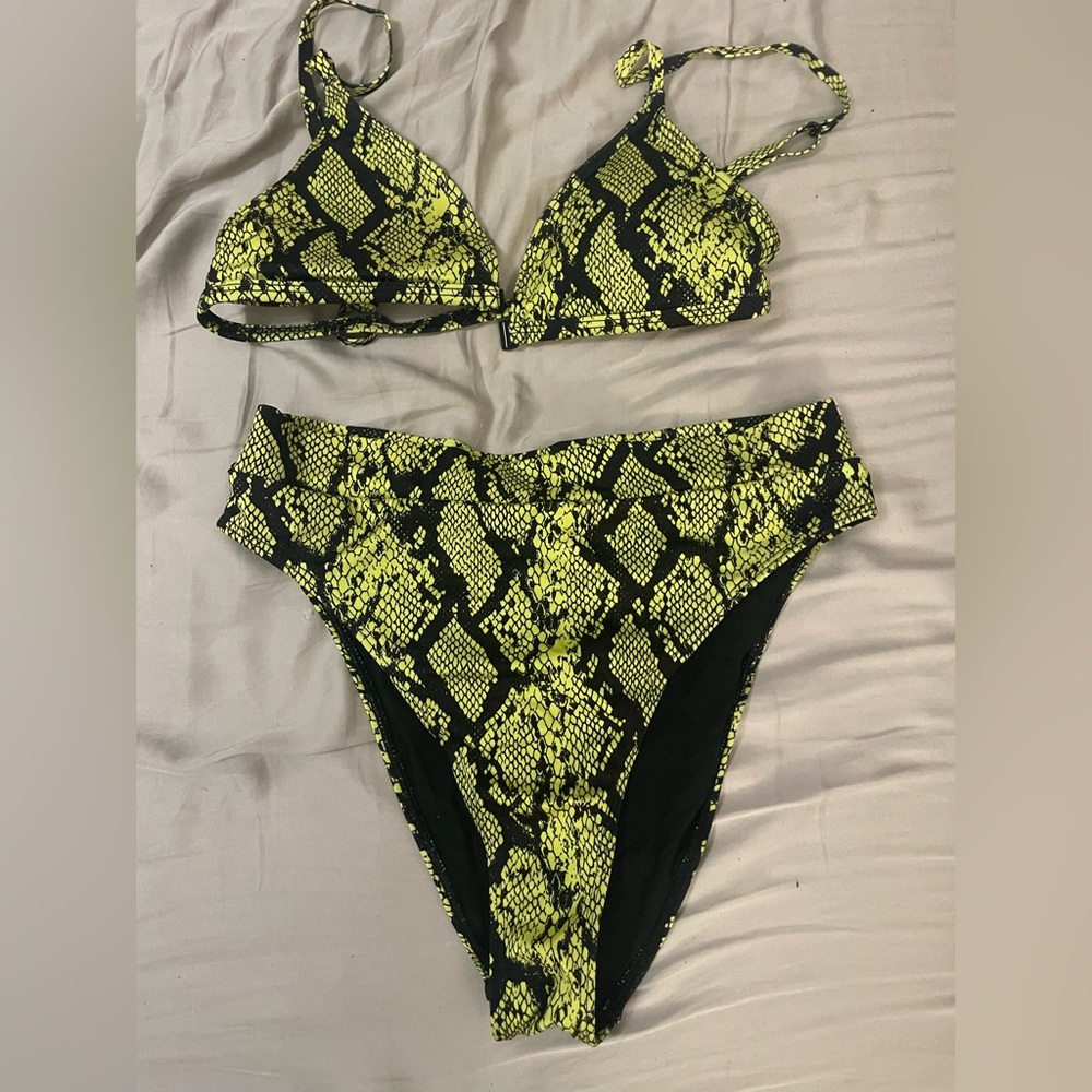 Lime snake skin print bikini with triangle top and high waist bottom
